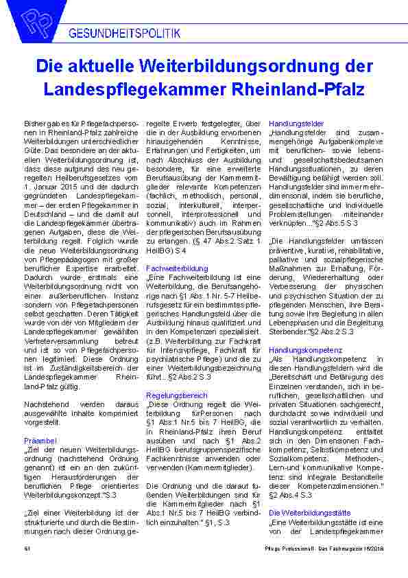 Vorschauseite 1: Die aktuelle Weiterbildungsordnung der Landespflegekammer Rheinland-Pfalz