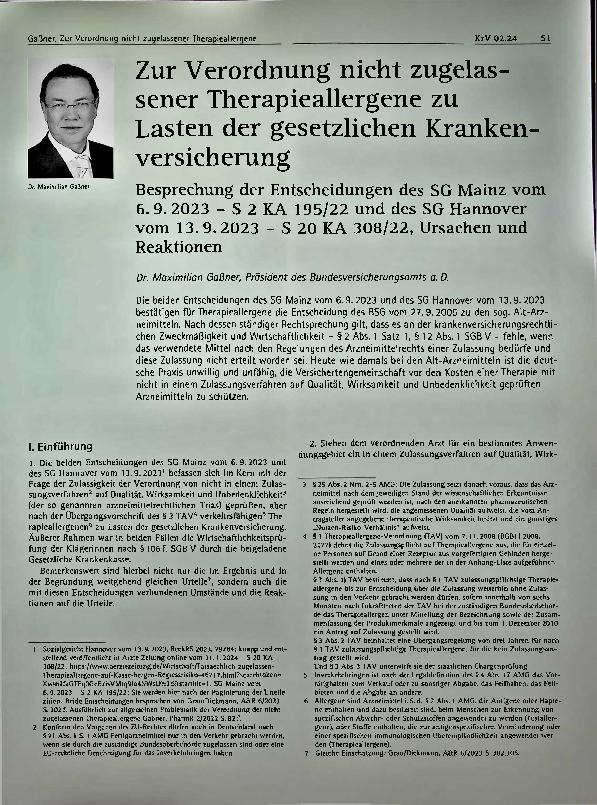 Vorschauseite 1: Zur Verordnung nicht zugelassener Therapieallergene zu Lasten der gesetzlichen Krankenversicherung.