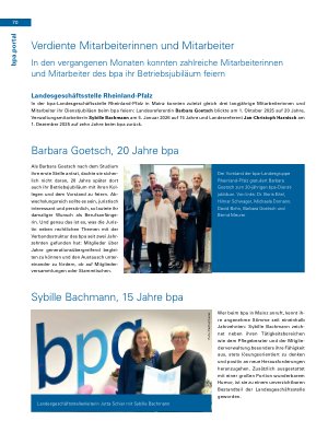 Vorschauseite 1: Verdiente Mitarbeiterinnen und Mitarbeiter In den vergangenen Monaten konnten zahlreiche Mitarbeiterinnen und Mitarbeiter des bpa ihr Betriebsjubiläum feiern
