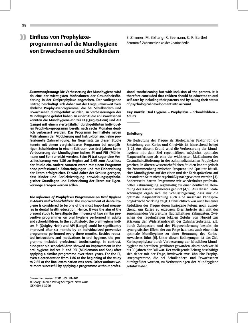 Vorschauseite 1: Einfluss von Prophylaxeprogrammen auf die Mundhygiene von Erwachsenen und Schulkindern