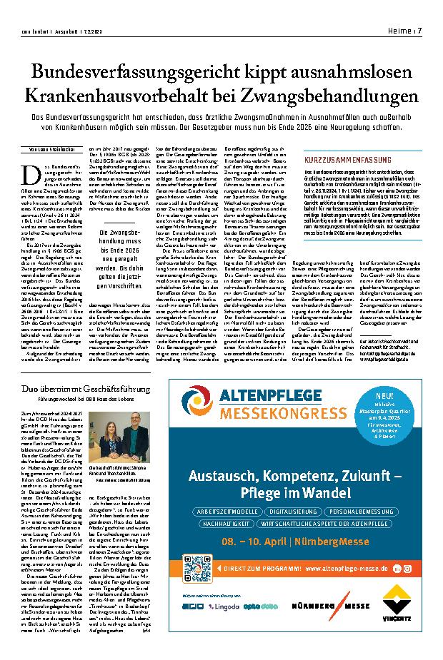 Vorschauseite 1: Bundesverfassungsgericht kippt ausnahmslosen Krankenhausvorbehalt bei Zwangsbehandlungen