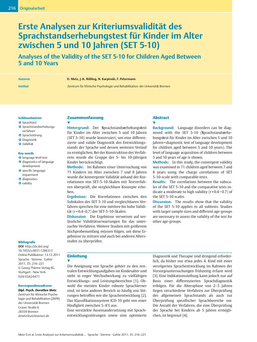 Vorschauseite 1: Erste Analysen zur Kriteriumsvalidität des Sprachstandserhebungstest für Kinder im Alter zwischen 5 und 10 Jahren (SET 5-10)