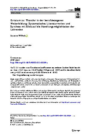 Vorschauseite 1: Erratum zu: Transfer in der berufsbezogenen Weiterbildung: Systematisches Literaturreview und Synthese mit Blick auf die Handlungsmöglichkeiten der Lehrenden