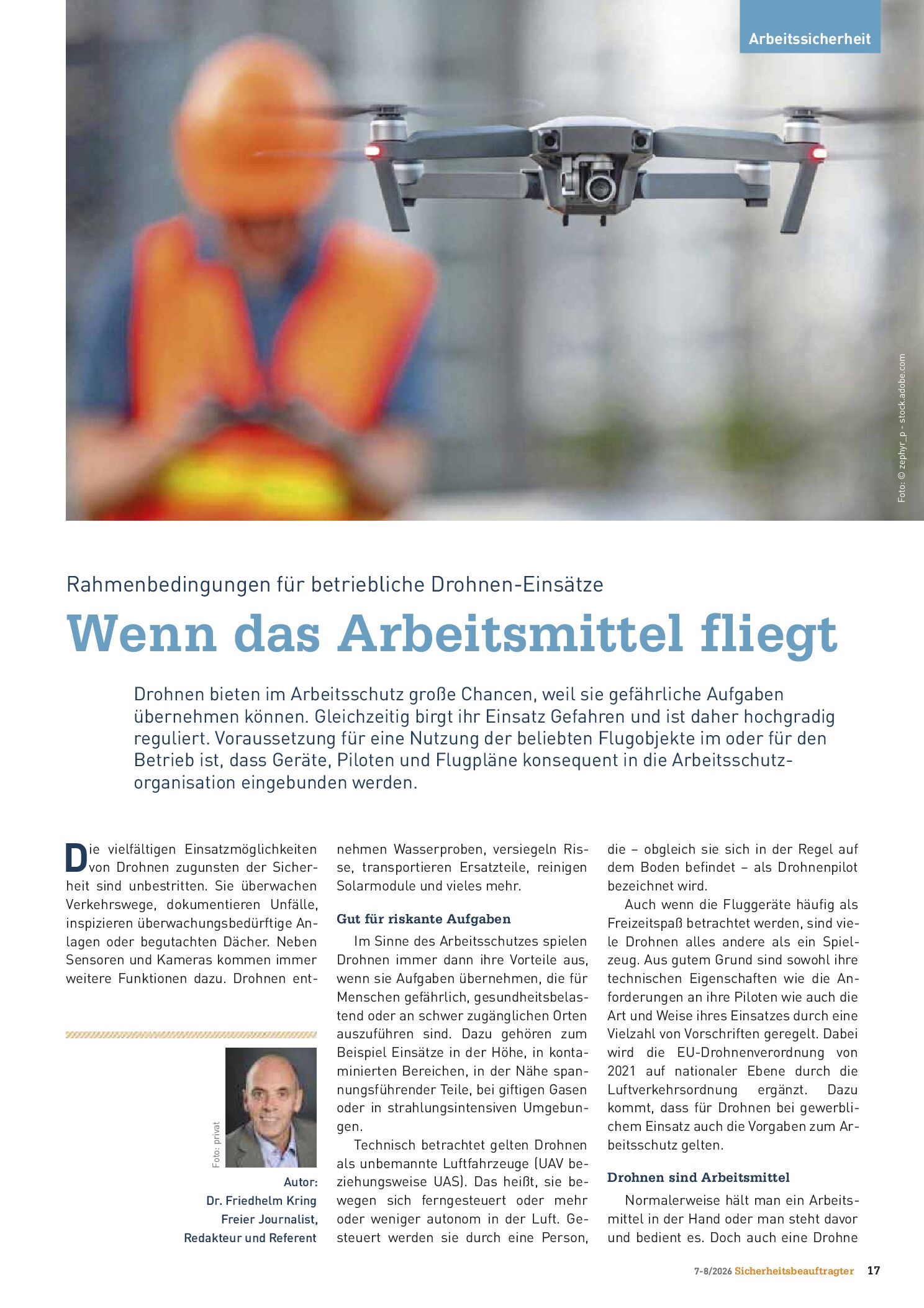 Vorschauseite 1: Wenn das Arbeitsmittel fliegt. Rahmenbedingungen für betriebliche Drohnen-Einsätze