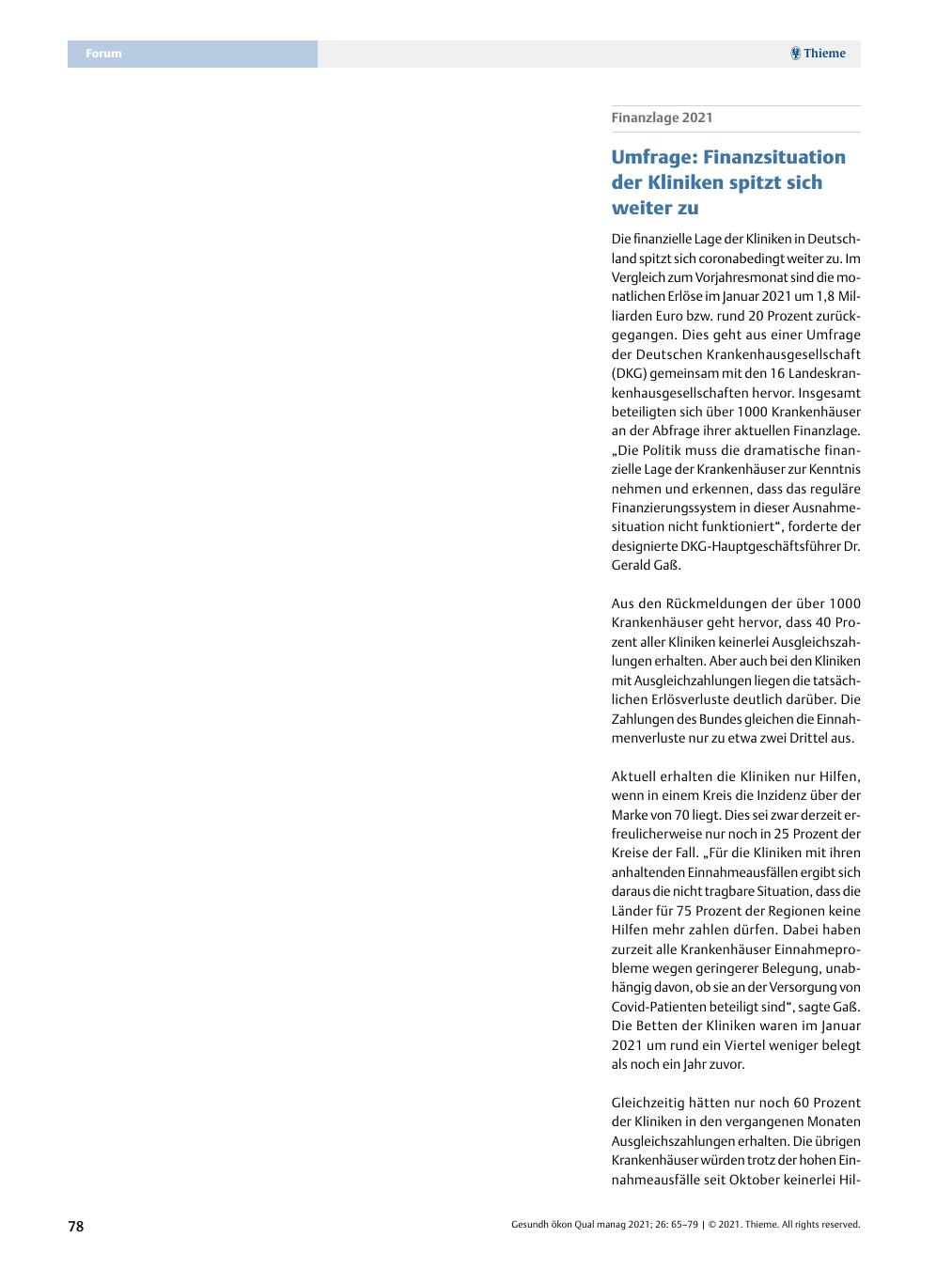 Vorschauseite 1: Finanzlage 2021 – Umfrage: Finanzsituation der Kliniken spitzt sich weiter zu