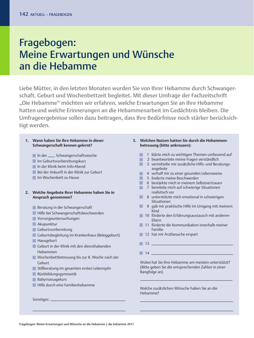 Vorschauseite 1: Fragebogen: Meine Erwartungen und Wünsche an die Hebamme