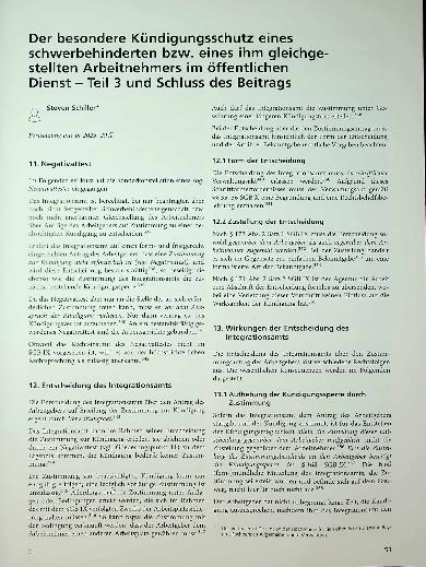 Vorschauseite 1: Der besondere Kündigungsschutz eines Schwerbehinderten bzw. eines ihm gleichge stellten Arbeitnehmers im öffentlichen Dienst - Teil 3 und Schluss des Beitrags