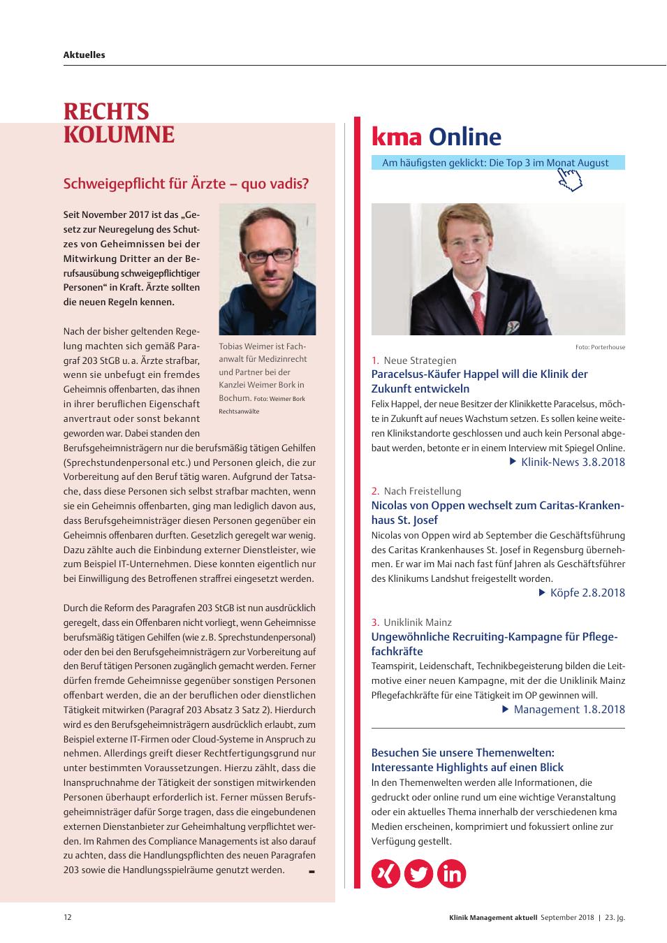 Vorschauseite 1: Rechtskolumne: Schweigepflicht für Ärzte – quo vadis?