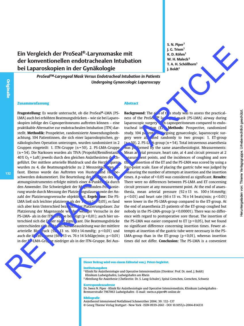 Vorschauseite 1: RETRACTED ARTICLE: Ein Vergleich der ProSeal®-Larynxmaske mit der konventionellen endotrachealen Intubation bei Laparoskopien in der Gynäkologie