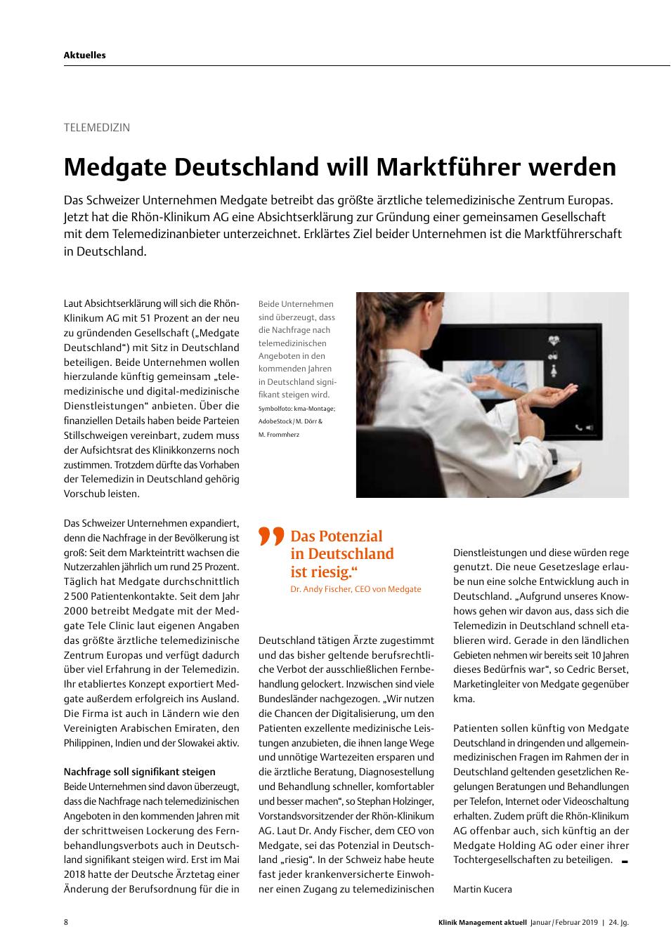 Vorschauseite 1: Telemedizin: Medgate Deutschland will Marktführer werden