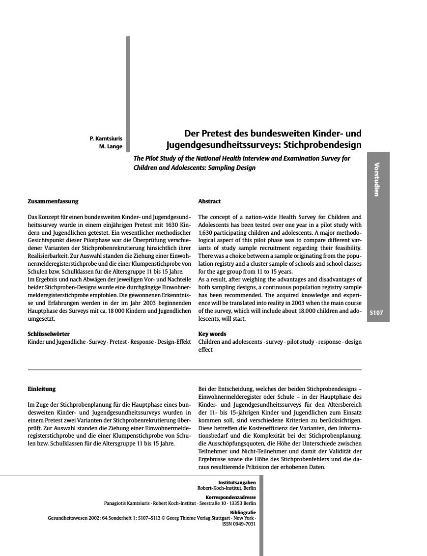 Vorschauseite 1: Der Pretest des bundesweiten Kinderund Jugendgesundheitssurveys: Stichprobendesign