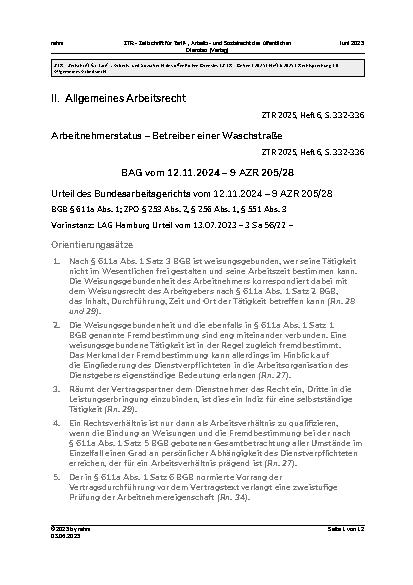 Vorschauseite 1: II. Allgemeines Arbeitsrecht Arbeitnehmerstatus – Betreiber einer Waschstraße