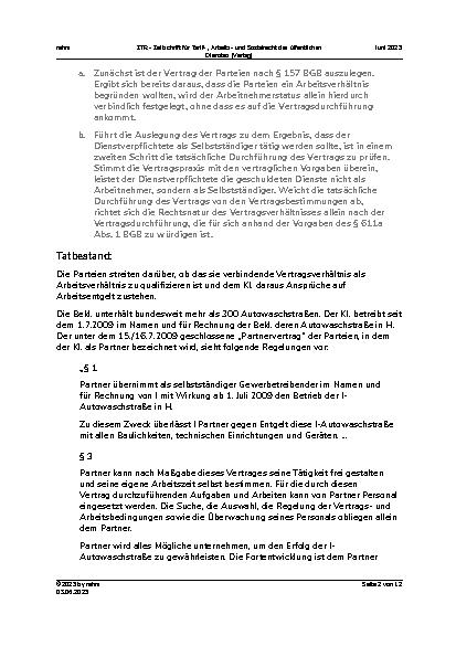 Vorschauseite 2: II. Allgemeines Arbeitsrecht Arbeitnehmerstatus – Betreiber einer Waschstraße