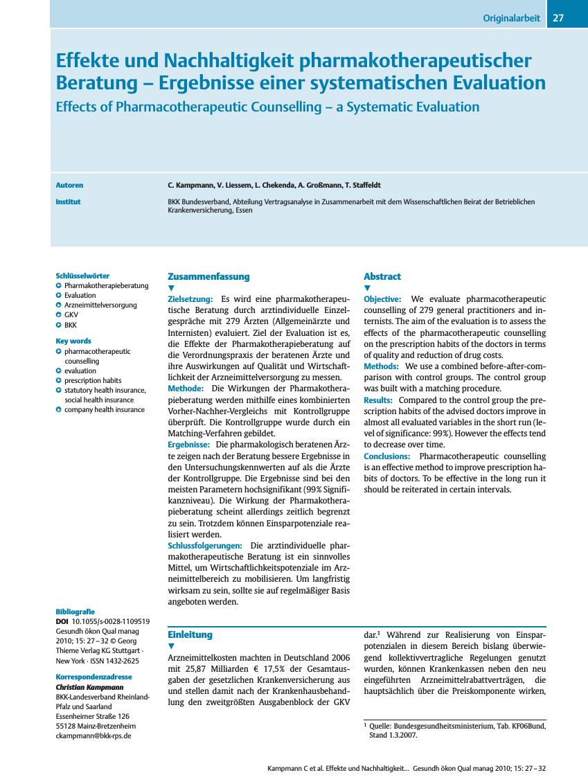 Vorschauseite 1: Effekte und Nachhaltigkeit pharmakotherapeutischer Beratung – Ergebnisse einer systematischen Evaluation