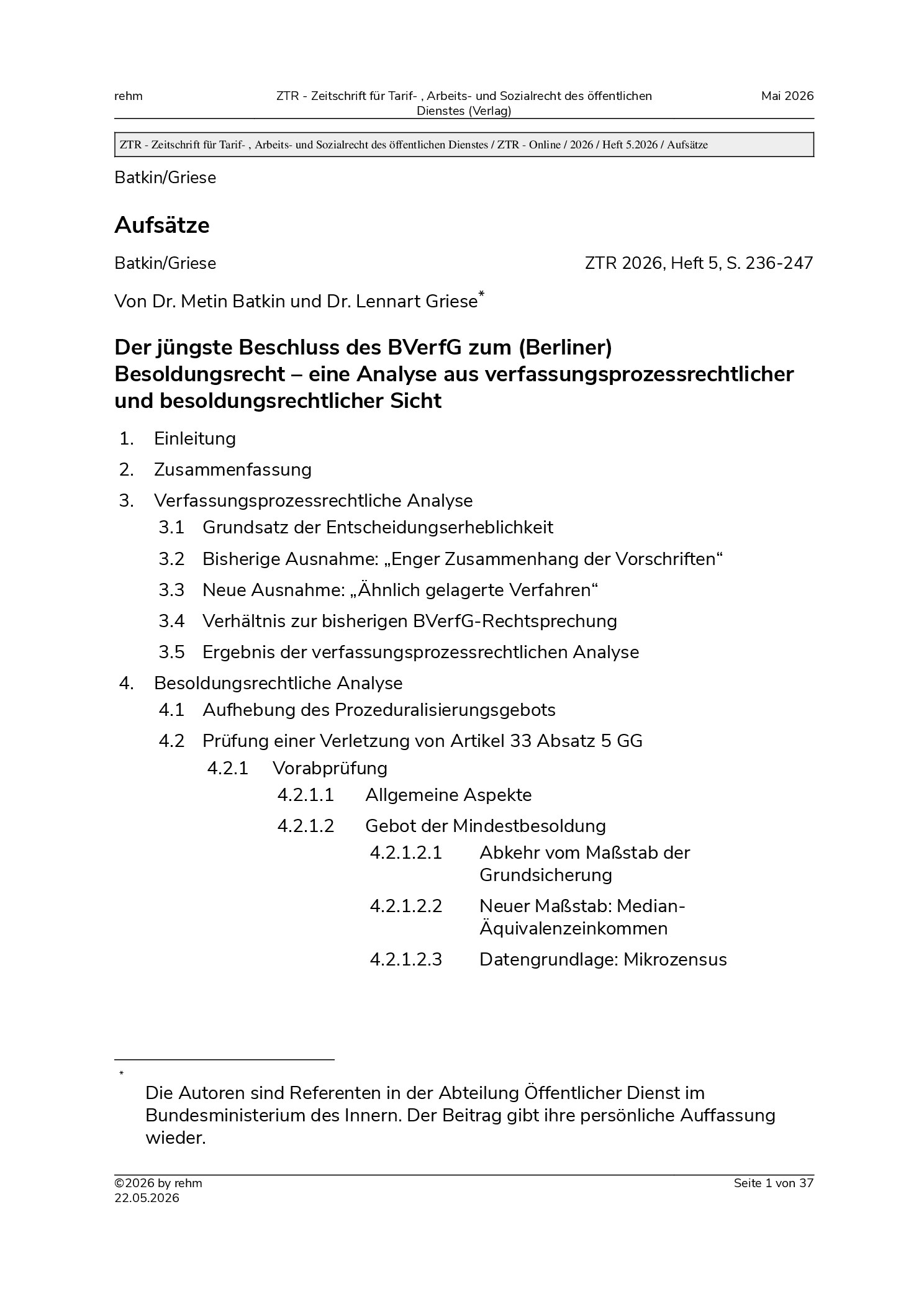 Vorschauseite 1: Der jüngste Beschluss des BVerfG zum (Berliner) Besoldungsrecht – eine Analyse aus verfassungsprozessrechtlicher und besoldungsrechtlicher Sicht