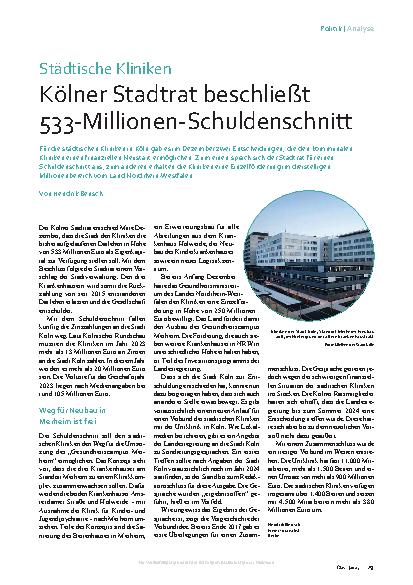 Vorschauseite 1: Städtische Kliniken: Kölner Stadtrat beschließt 533-Millionen-Schuldenschnitt