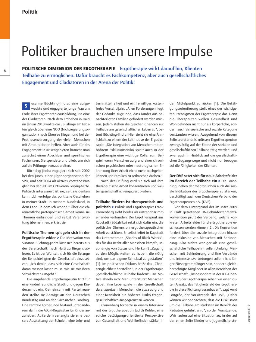 Vorschauseite 1: Politische Dimension der Ergotherapie ? Politiker brauchen unsere Impulse