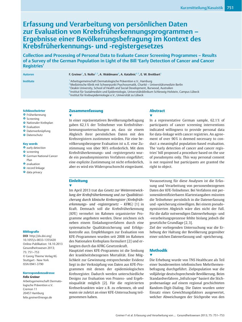 Vorschauseite 1: Erfassung und Verarbeitung von persönlichen Daten zur Evaluation von Krebsfrüherkennungsprogrammen? Ergebnisse einer Bevölkerungsbefragung im Kontext des Krebsfrüherkennungsund -r…