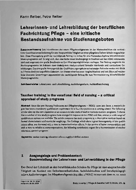 Vorschauseite 1: Lehrerinnenund Lehrerbildung der beruflichen Fachrichtung Pflege - eine kritische Bestandsaufnahme von Studienangeboten