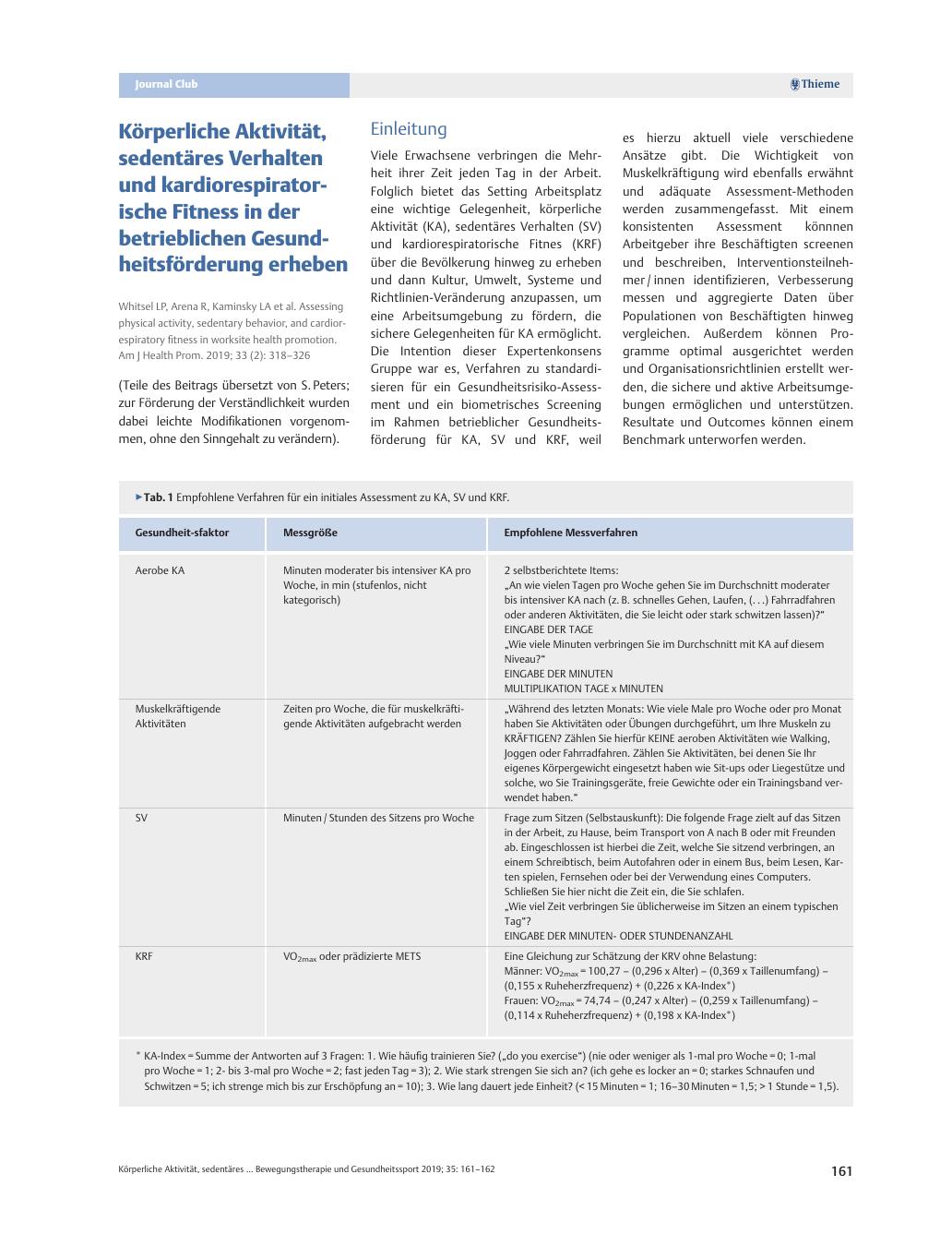 Vorschauseite 1: Körperliche Aktivität, sedentäres Verhalten und kardiorespiratorische Fitness in der betrieblichen Gesundheitsförderung erheben