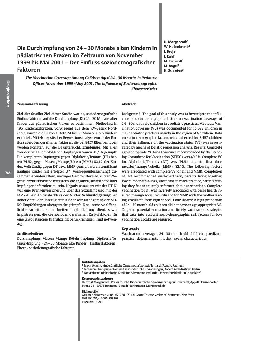 Vorschauseite 1: Die Durchimpfung von 24 - 30 Monate alten Kindern in pädiatrischen Praxen im Zeitraum von November 1999 bis Mai 2001 - Der Einfluss soziodemografischer Faktoren