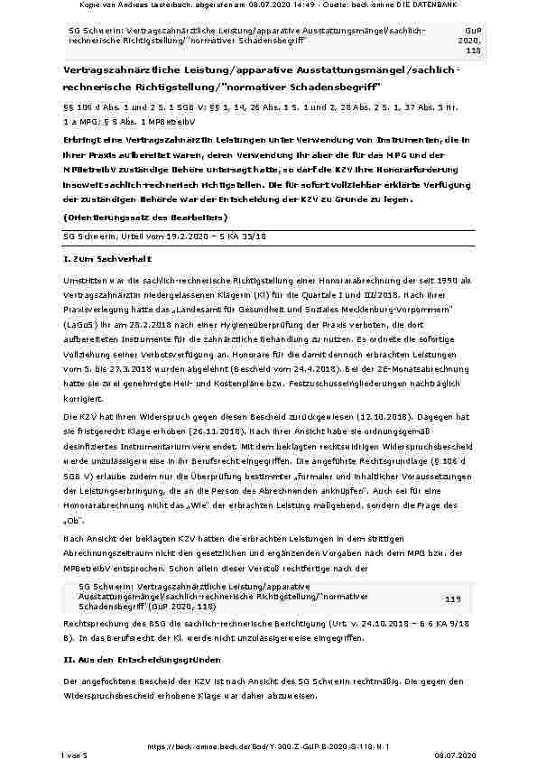 Vorschauseite 1: Vertragszahnärztliche Leistung/apparative Ausstattungsmängel/sachlich-rechnerische Richtigstellung/“normativer Schadensbegriff“ §§ 106d Abs. 1 und 2 S. 1 SGB V; §§ 1, 14, 26 Abs.…