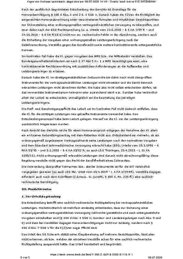 Vorschauseite 2: Vertragszahnärztliche Leistung/apparative Ausstattungsmängel/sachlich-rechnerische Richtigstellung/“normativer Schadensbegriff“ §§ 106d Abs. 1 und 2 S. 1 SGB V; §§ 1, 14, 26 Abs.…