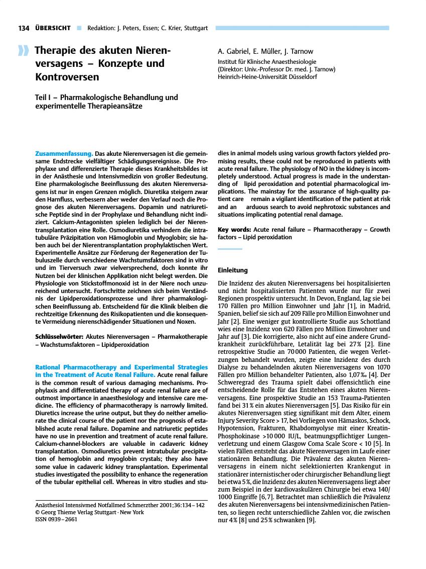 Vorschauseite 1: Therapie des akuten Nierenversagens - Konzepte und Kontroversen