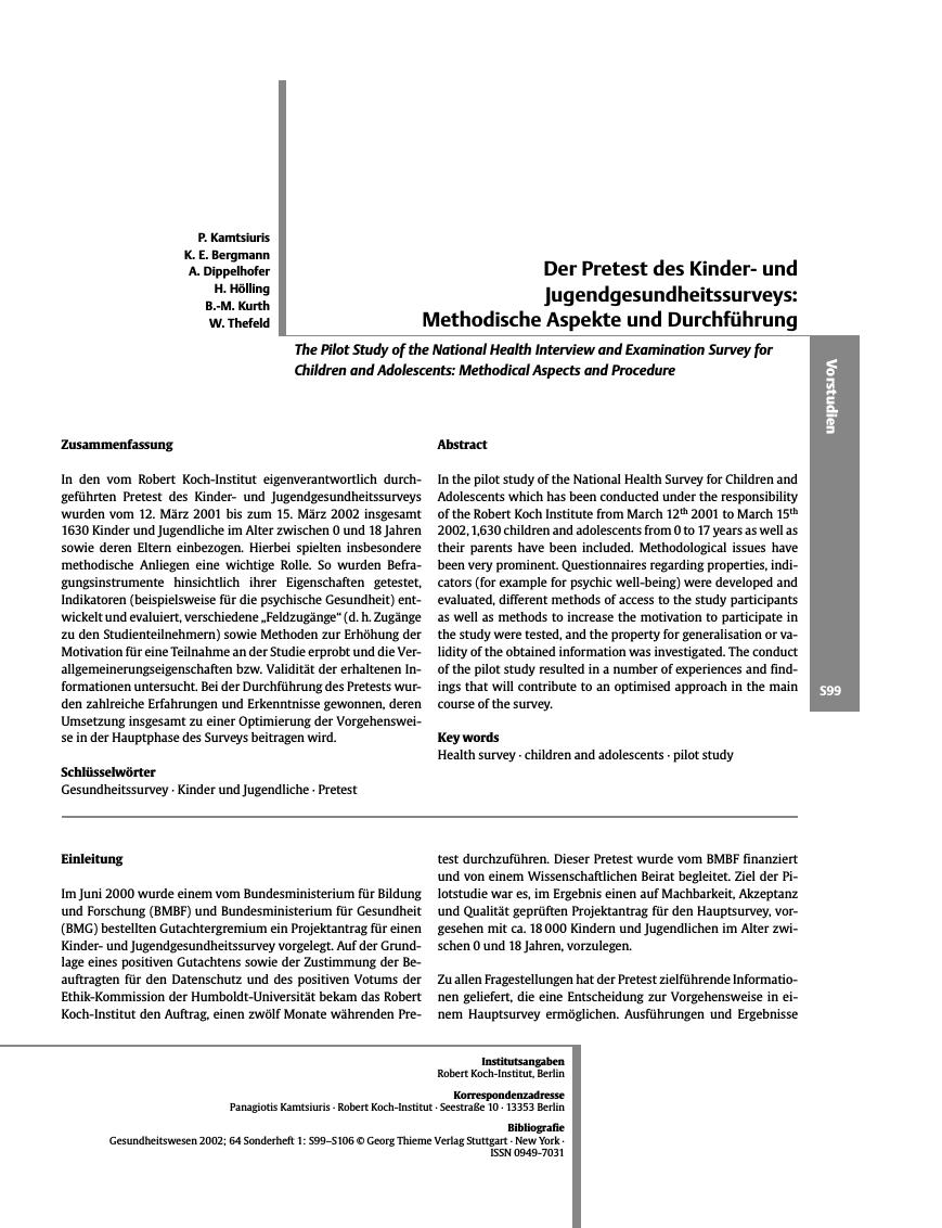 Vorschauseite 1: Der Pretest des Kinderund Jugendgesundheitssurveys: Methodische Aspekte und Durchführung