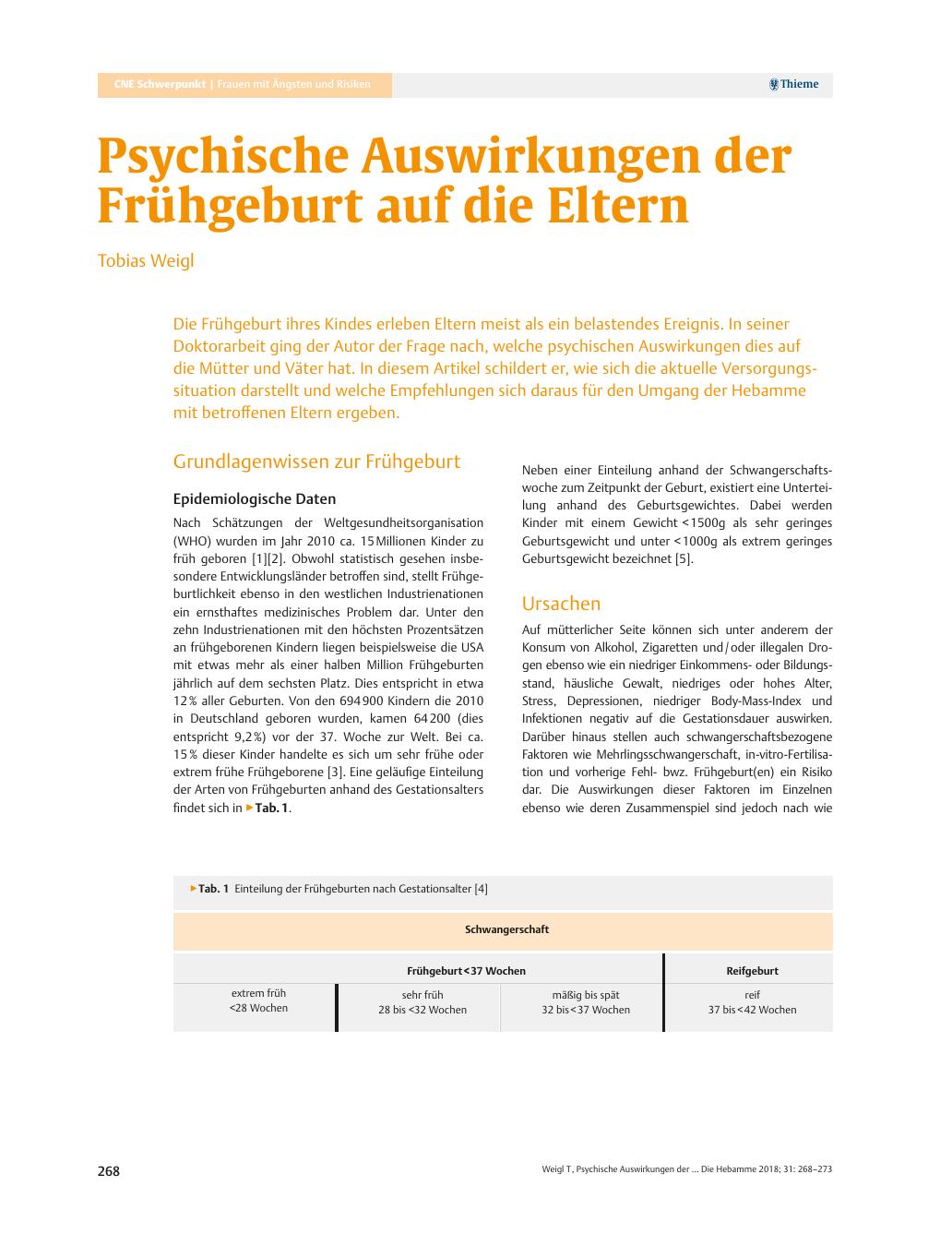 Vorschauseite 1: Psychische Auswirkungen der Frühgeburt auf die Eltern