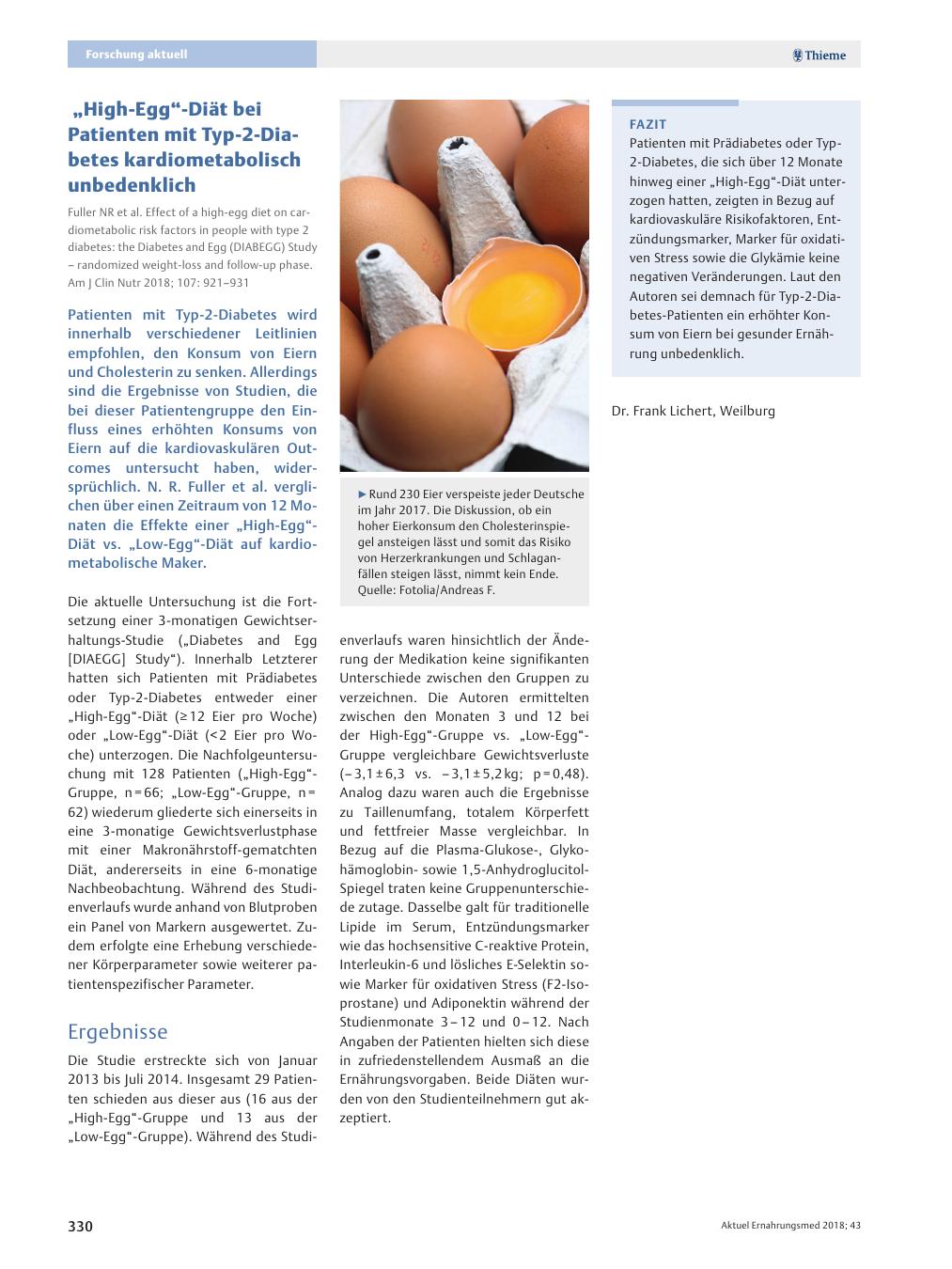 Vorschauseite 1: „High-Egg“-Diät bei Patienten mit Typ-2-Diabetes kardiometabolisch unbedenklich