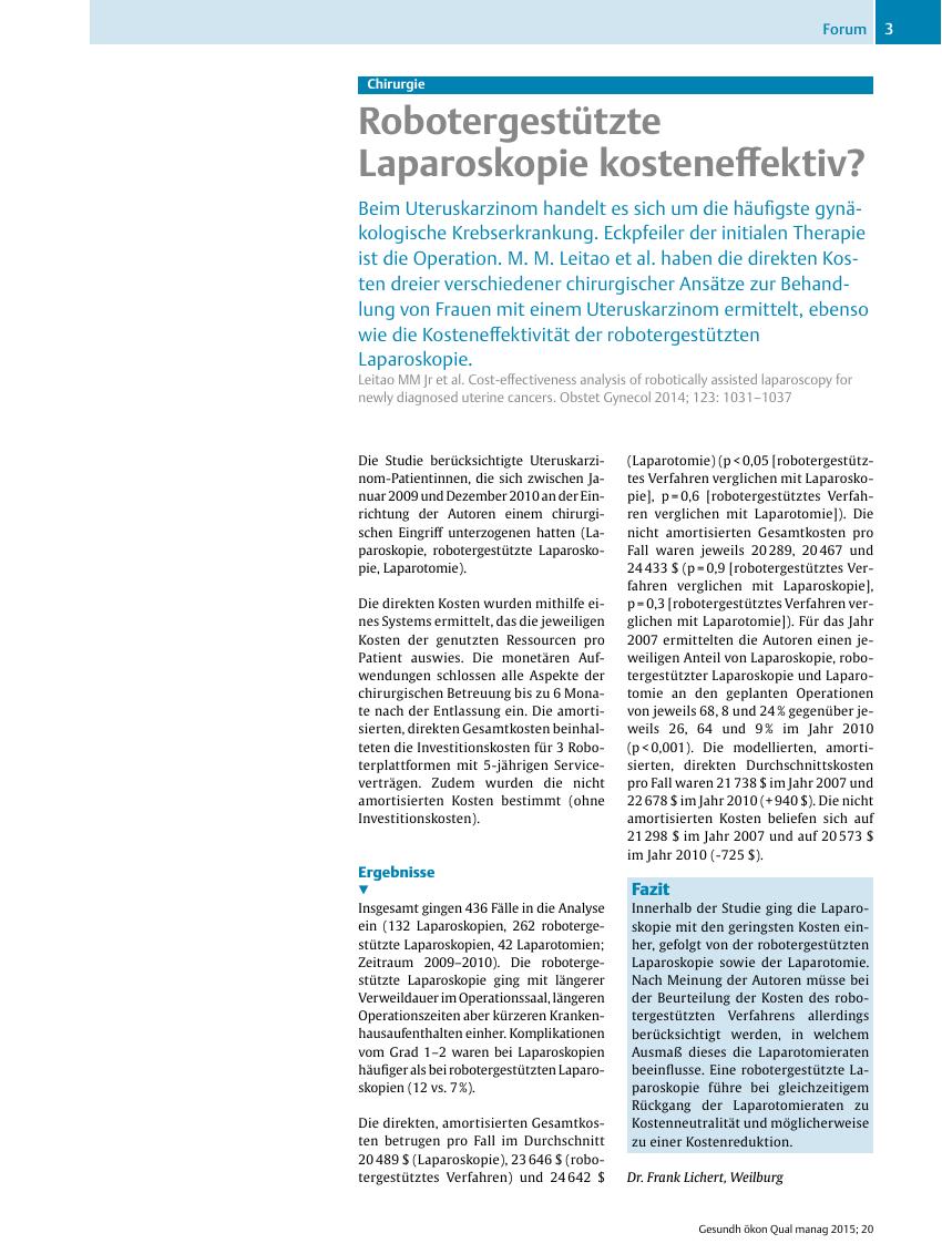 Vorschauseite 1: Chirurgie – Robotergestützte Laparoskopie kosteneffektiv?