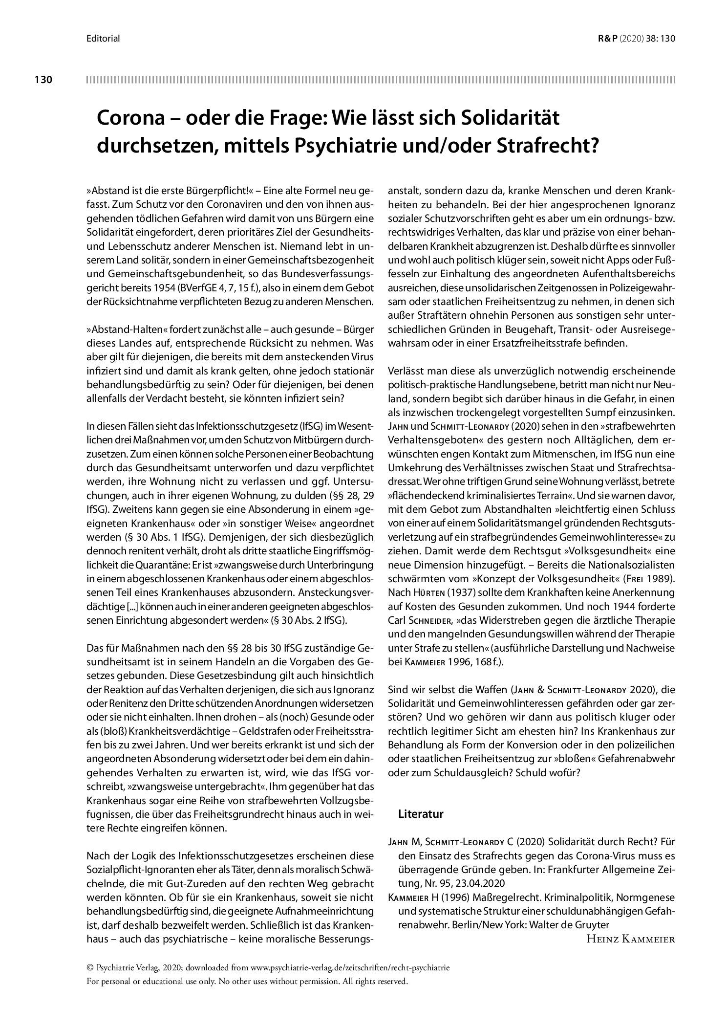 Vorschauseite 1: Corona – oder die Frage: Wie lässt sich Solidarität durchsetzen, mittels Psychiatrie und/oder Strafrecht?