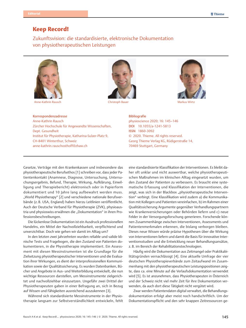 Vorschauseite 1: Keep Record! Zukunftsvision: die standardisierte, elektronische Dokumentation von physiotherapeutischen Leistungen