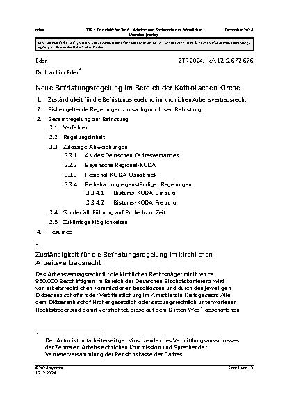 Vorschauseite 1: Neue Befristungsregelung im Bereich der Katholischen Kirche