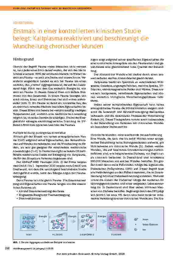 Vorschauseite 1: Erstmals in einer kontrollierten klinischen Studie belegt: Kaltplasma reaktiviert und beschleunigt die Wundheilung chronischer Wunden.