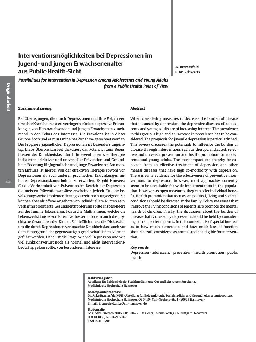 Vorschauseite 1: Interventionsmöglichkeiten bei Depressionen im Jugendund jungen Erwachsenenalter aus Public-Health-Sicht