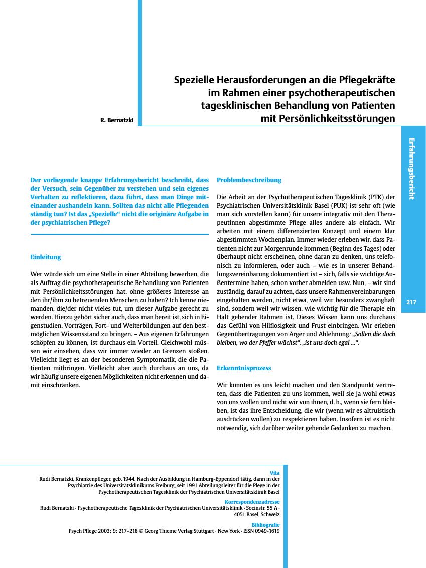 Vorschauseite 1: Spezielle Herausforderungen an die Pflegekräfte im Rahmen einer psychotherapeutischen tagesklinischen Behandlung von Patienten mit Persönlichkeitsstörungen