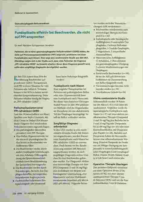 Vorschauseite 1: Gastroösophageale Refluxkrankheit Fundoplicatio effektiv bei Beschwerden, die nicht auf PPI ansprechen.