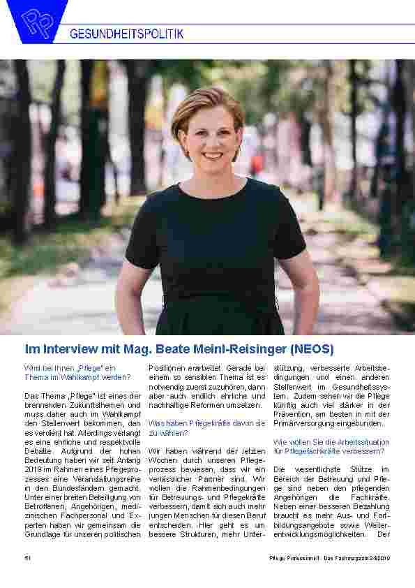 Vorschauseite 1: Im Interview mit Mag. Beate Meinl-Reisinger (NEOS Wird bei Ihnen „Pflege“ ein Thema im Wahlkampf werden?
