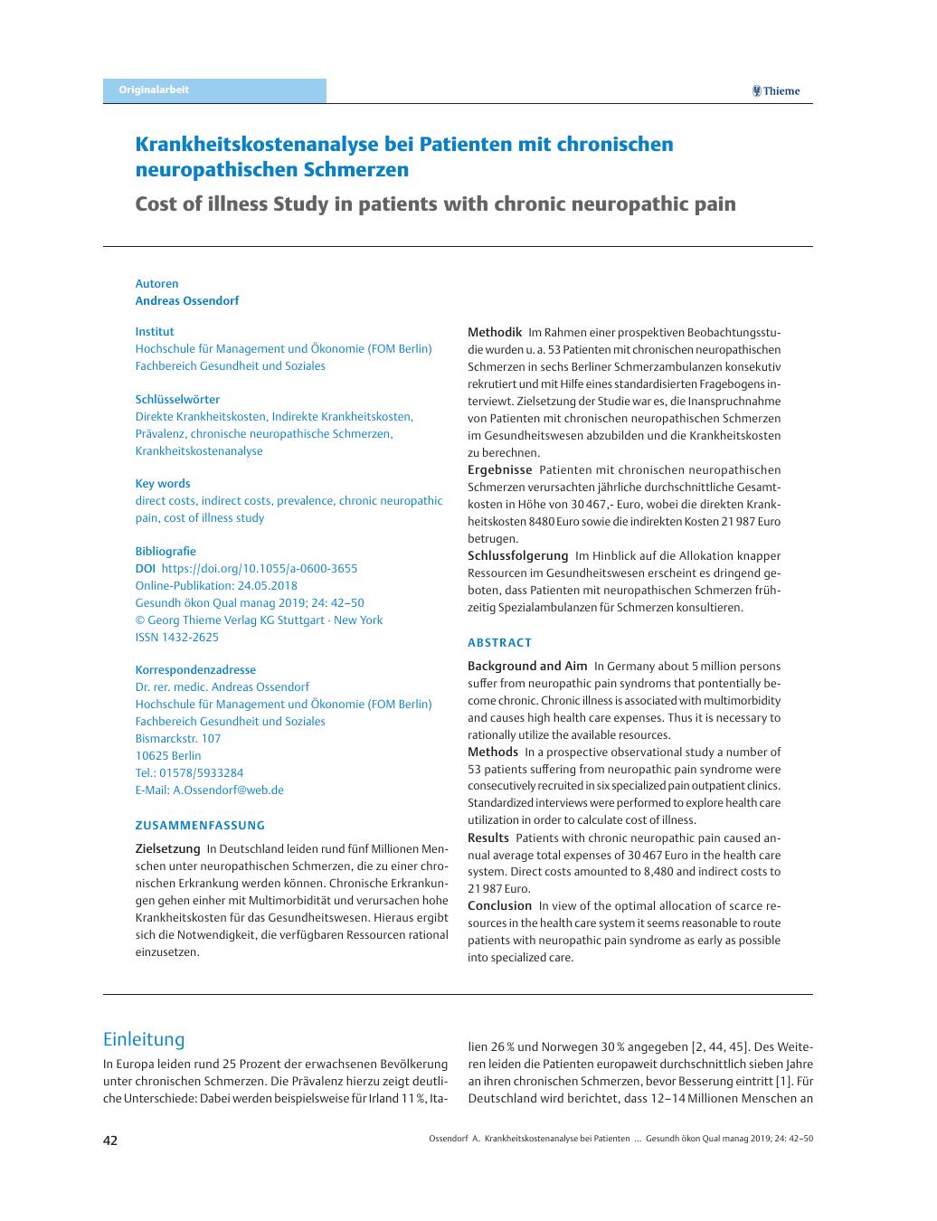 Vorschauseite 1: Krankheitskostenanalyse bei Patienten mit chronischen neuropathischen Schmerzen