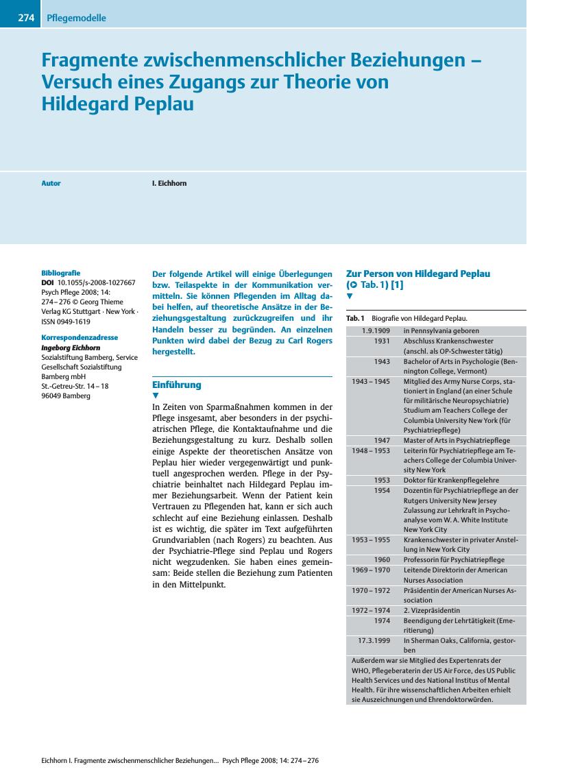 Vorschauseite 1: Fragmente zwischenmenschlicher Beziehungen – Versuch eines Zugangs zur Theorie von Hildegard Peplau