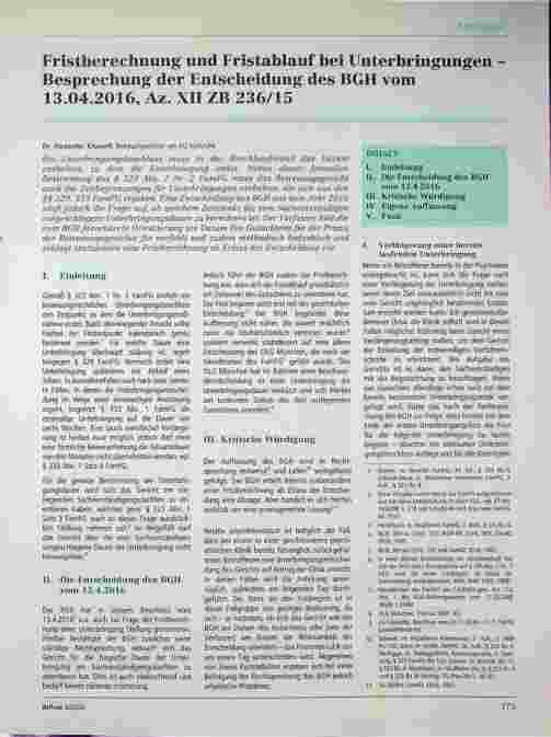 Vorschauseite 1: Fristberechnung und Fristablauf bei Unterbringungen - Besprechung der Entscheidung des BGH vom 13.04.2016, Az. XII ZB 236/15