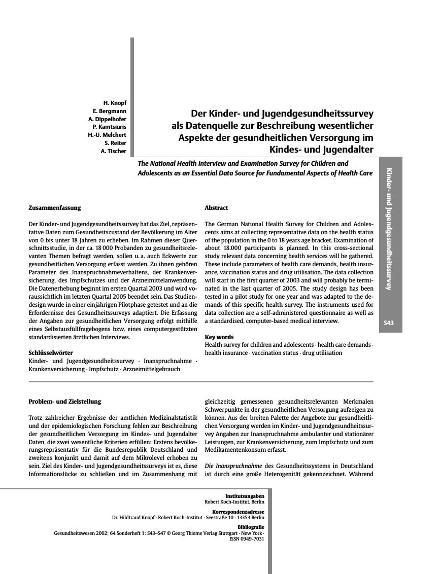 Vorschauseite 1: Der Kinderund Jugendgesundheitssurvey als Datenquelle zur Beschreibung wesentlicher Aspekte der gesundheitlichen Versorgung im Kindesund Jugendalter