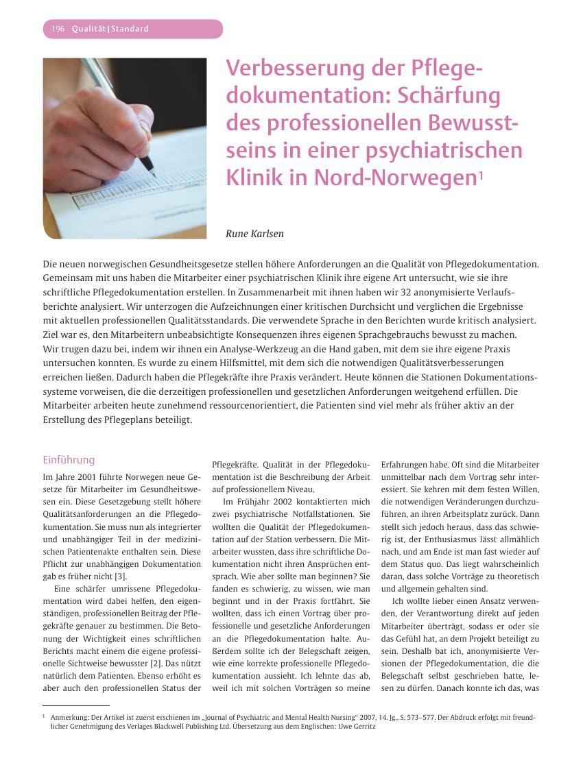 Vorschauseite 1: Verbesserung der Pflegedokumentation: Schärfung des professionellen Bewusstseins in einer psychiatrischen Klinik in Nord-Norwegen