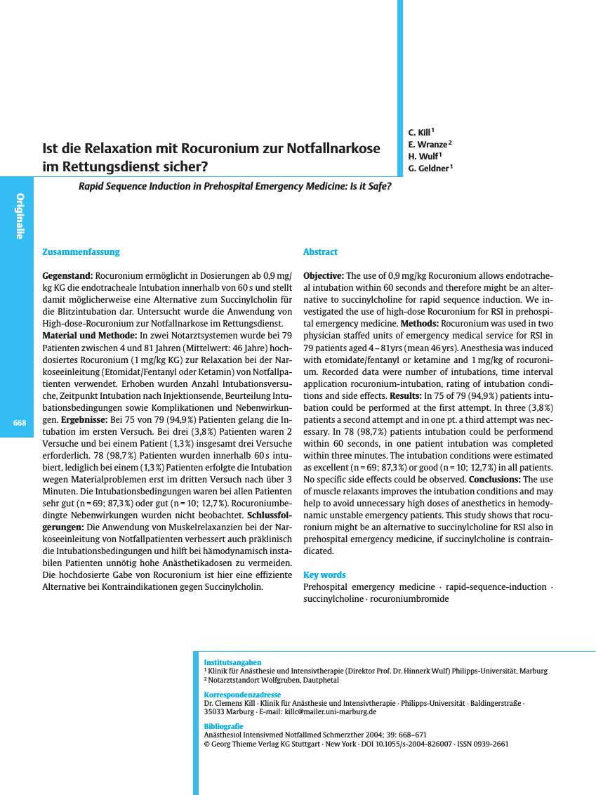 Vorschauseite 1: Ist die Relaxation mit Rocuronium zur Notfallnarkose im Rettungsdienst sicher?