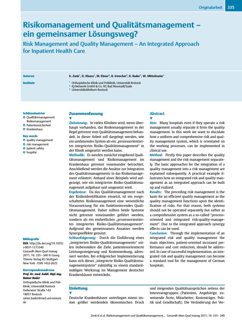Vorschauseite 1: Risikomanagement und Qualitätsmanagement – ein gemeinsamer Lösungsweg?