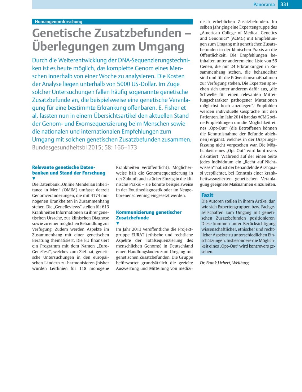 Vorschauseite 1: Genetische Zusatzbefunden ? Überlegungen zum Umgang