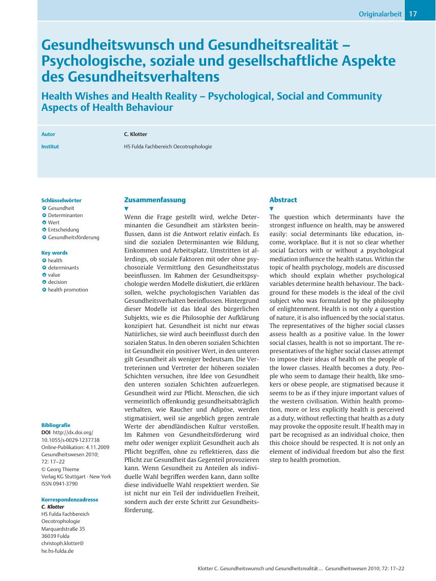 Vorschauseite 1: Gesundheitswunsch und Gesundheitsrealität – Psychologische, soziale und gesellschaftliche Aspekte des Gesundheitsverhaltens