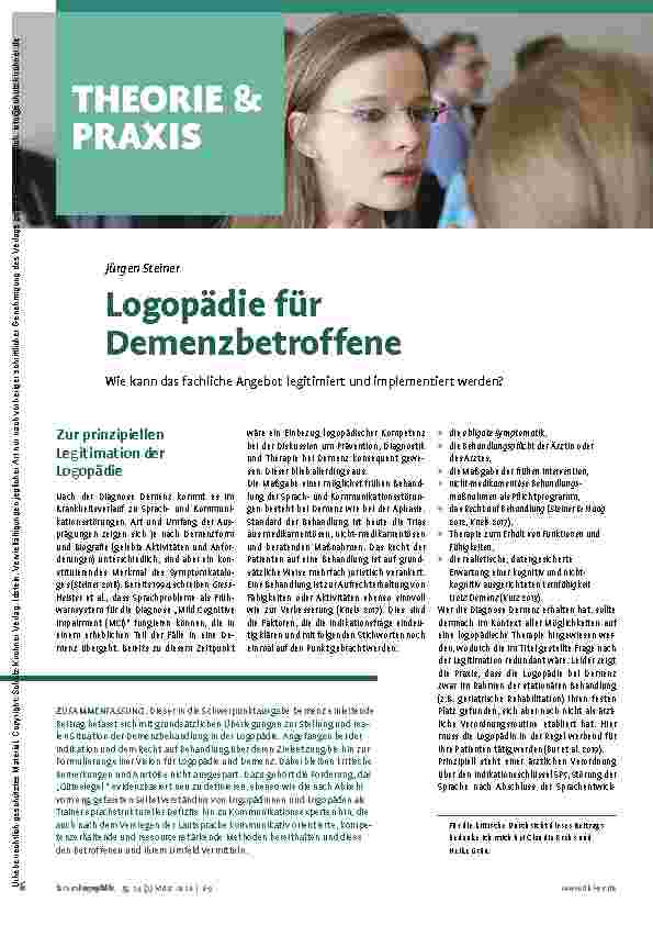 Vorschauseite 1: Logopädie für Demenzbetroffene. Wie kann das fachliche Angebot legitimiert und implementiert werden?